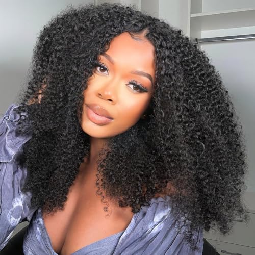 Curly Human Hair Half Wig 200% Density Afro Kinky Curly Wigs Human Hair Glueless Wear and Go 3 In 1 Half Wig Beginner Friendly Drawstring Seamless Flip Over Wigs for Women 24 Inch