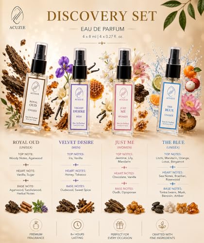 Image of Perfume Discovery Set for Men & Women (4 x 8ml) | Mini Perfume Trial Pack with Royal Oud, The Blue, Velvet Desire & Just Me EDP | Long Lasting Fragrance Gift Set & Travel Kit for Unisex