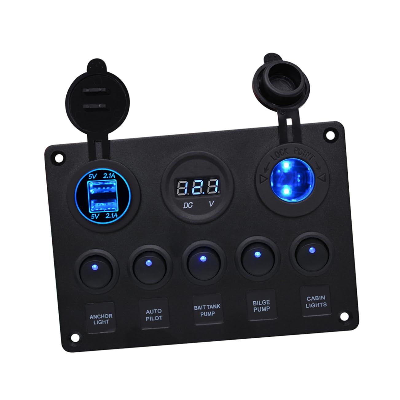5 Gang Waterproof Combination Panel Dual USB Car Charger and Voltmeter for Boats and RVs 12-24V Rocker Switch Control for Automotive Applications