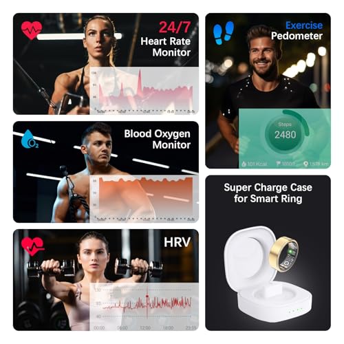 Image of Health Tracker Ring, Smart Health Ring for Women Men with Heart Rate, Blood Oxygen, Sleep Monitor, Steps,Calories, No Subscription Fee, IP68 Waterproof Smart Ring for iPhone & Android (Gold, 14#).
