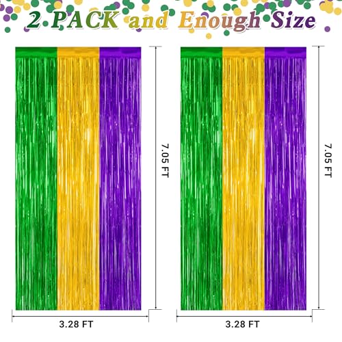 Image of ZATAYE 2 Pack Purple Gold Green Foil Curtain Streamer Decorations | Purple Gold Green, Metallic Foil, 3.28 x 7.05 FT, Tinsel Backdrop, Foil Curtain Streamer, Party Decorations