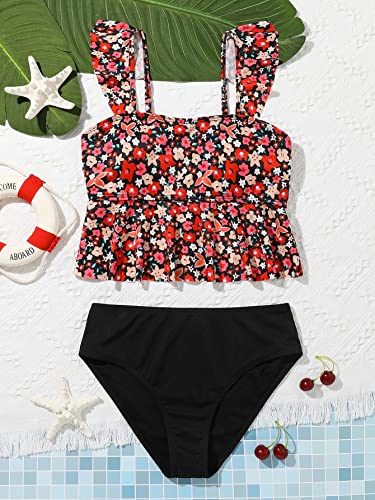 SOLY HUX Girl's Floral Print Ruffle Trim Bikini Swimsuit High Waisted 2 Piece Bathing Suit Swimwear Black Floral 12-13Y - Image 5
