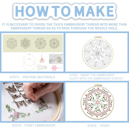 Image of FREEBLOSS 4 Set 8'' Embroidery Kit for Beginners Mandala Pattern Embroidery Kit with Instructions Full Kit of Embroidery Cloth 2 Embroidery Hoops 11 Colors Flosses
