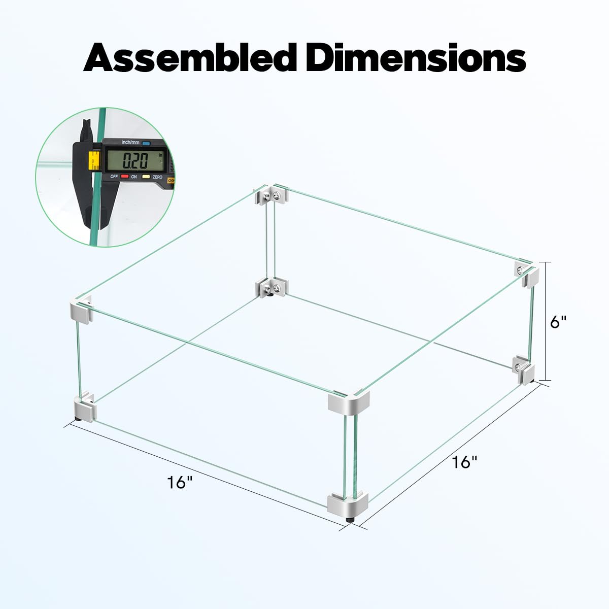 Protector de viento de vidrio de 16 x 16 x 6 pulgadas para mesa de fogata de gas propano, escudo cuadrado de vidrio templado grueso, barrera de vidrio para chimenea con soporte de esquina