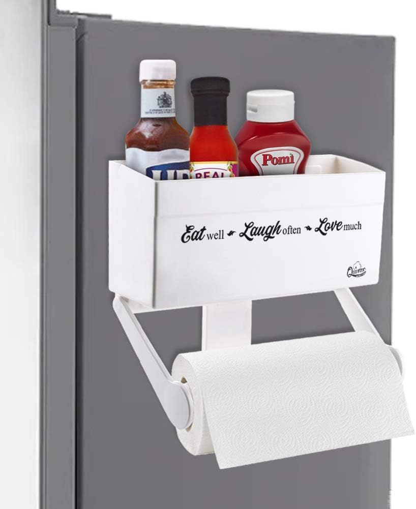 Quinnno Magnetic Paper Towel Holder for Refrigerator with Storage Shelf, Kitchen Organizer Rack Fit Regular to Huge Paper Towel Roll with 4.4 lbs Capacity, Mounts Securely on Fridge and Metal Surfaces