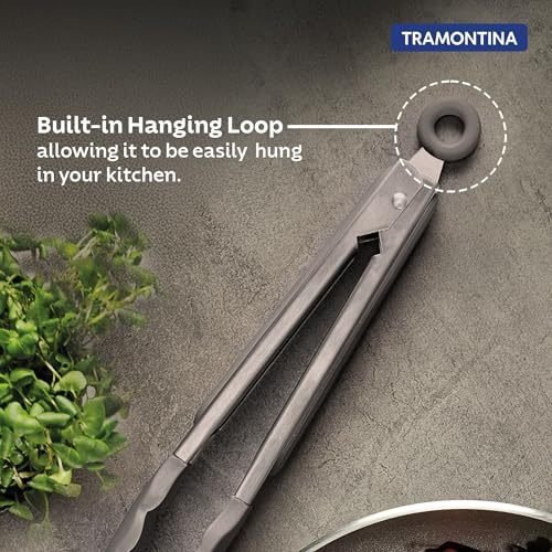 Image of Tramontina Softta Grey Silicone Multipurpose Tongs, 27cm - Heat Resistant up to 210C -Stainless Steel Handle with Pull-Ring Lock - Ideal for Grilling, Serving & Cooking