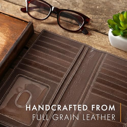 Image of ELIZO Men's Genuine Leather Long Wallet - RFID Blocking Rodeo Checkbook Wallet | Slim Western Bifold Wallet with 16 Card Slots, ID Window | Top Grain Leather Cowboy Wallet | Stout