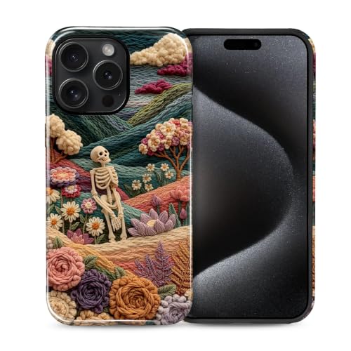 NONMY for iPhone 15 Pro Max Case,Hybrid 2 Layer Hard Shell Silicone Protective Case - Yarn Skull Floral Halloween - Scratch Resistant Shockproof Cover