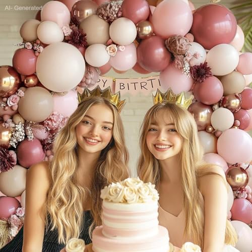 Image of Blocesa Pink Brown Gold Balloons Arch Kit, Double Stuffed Pastel Balloons Garland Rose Pink Blush Brown White Sand Cream Metallic Gold Balloons for Weddings Girl Birthdays Boho Elegant Party Decor