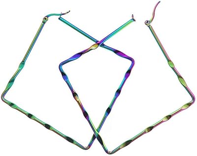 Rhombus Hoop Earrings - Rainbow Electroplated Stainless Steel - Lever Back 78mm - 2 Pieces 1 Pair - FD086