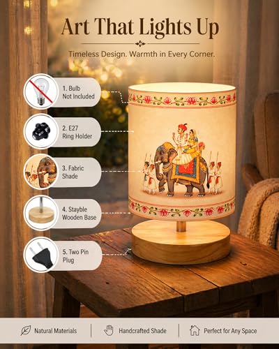 Image of Homesake Pine Table Lamp Wooden Bedside Lamp Simple Bedroom Light Linen Shade Mini Desk Lamp Nightstand Lamp for Bedroom, Living Room, Gift, (Rajasthani Art of India Shade Cylinder)