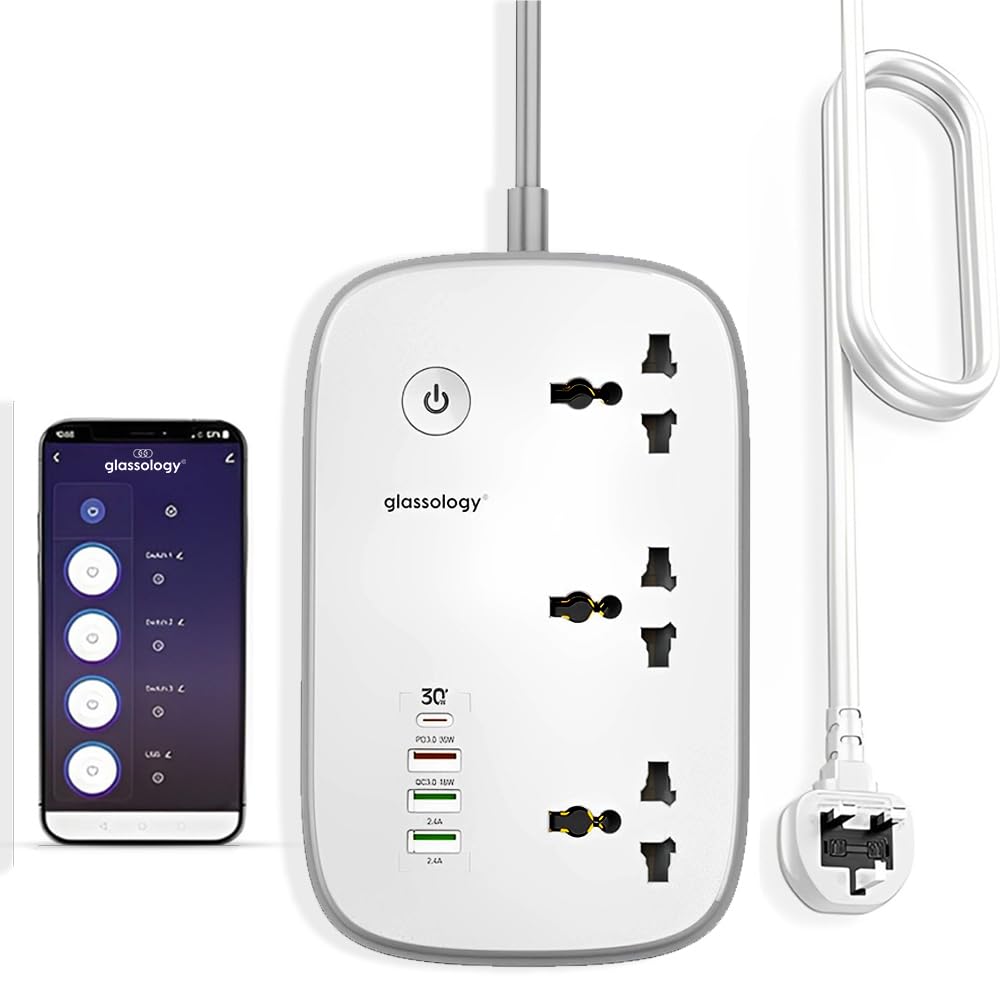 Glassology Wifi Smart Power Strip Extension Cord Surge Protector Socket Multi Plug, Compatible with Alexa & Google Assistant,3 Universal Electrical Outlets, 30W USB-C Fast Charging, 4 USB-A, 2M Cable