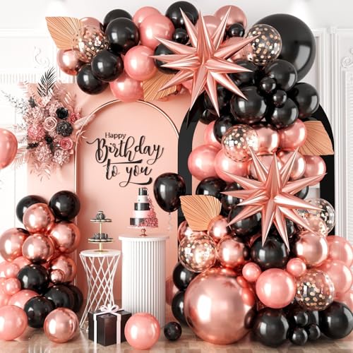 Image of Rose Gold Black Balloons Kit, 120Pcs Metallic Confetti Arch with Star Foil