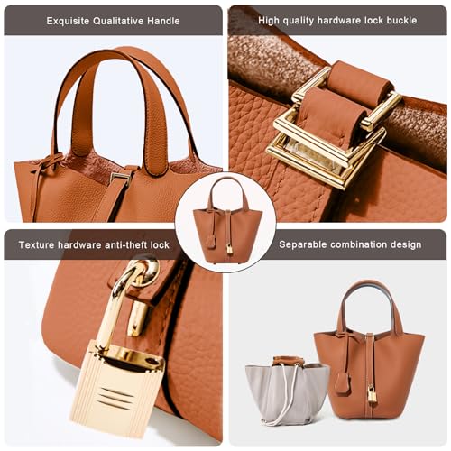 Genuine Leather Bucket Bag for Women, Lock Design Vegetable Basket bucket purses for women, Wome’s Shoulder Bag4