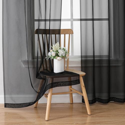 Image of Chyhomenyc 2 Panels Solid Color Sheer Window Curtains 108 Inches Long, Elegant Window Voile Panels /Drapes /Treatment /Scarf for Bedroom Living Room Wedding Canopy (42X108 Inches, Black) 9 FT