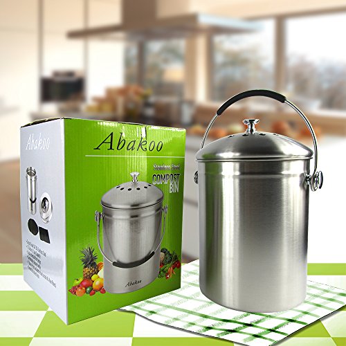 Abakoo Stainless Steel Compost Bin - 1.3 Gallon Premium Rust-Resistant Grade 304 Stainless Steel Kitchen Composter - Includes 4 Charcoal Filter, Indoor Countertop Kitchen Recycling Bin Pail