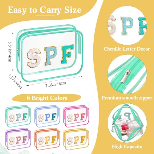 Kacctyen 12 Pcs Spf Clear Makeup Bags Bulk Waterproof Sunscreen Pouch Beach Pool Bag Chenille Letter Patch PVC Preppy Travel Toiletry Cosmetic Zipper Organizer for Women Girls Summer Vacation Gifts