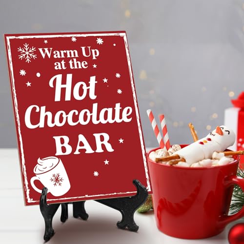 Chunful 1 Set Christmas Hot Cocoa Bar Sign with Easel Hot Chocolate Wooden Station Table Sign Winter Coffee Bar Wood Block Decorations for Holiday Table Shelf Desk Kitchen Coffee Party Decor Supplies