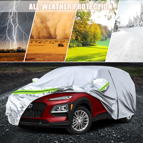 Image of Waterproof Car Covers Replace for 2018-2025 Hyundai Kona, 6 Layers Silver All Weather Custom-fit Car Cover with Zipper Door & Windproof Bands for Snow Rain Dust Hail Protection