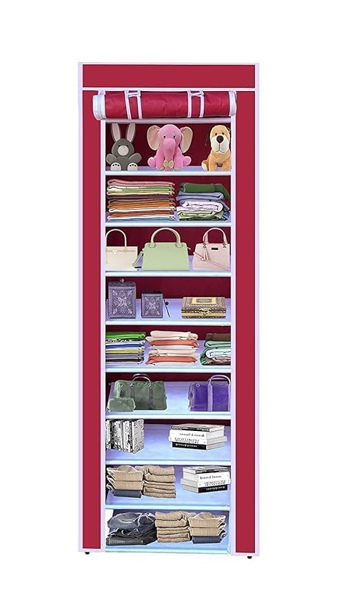 Image of YouCopia Collapsible Wardrobe 6 Shelves Storage Clothes Storage Rack Quick Wardrobe /Cabinet /Multipurpose Storage Rack, Foldable, Collapsible Fabric Plastic Medium (Maroon, 9-Layer)