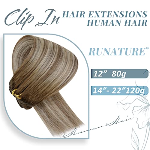 RUNATURE Hair Extensions Clip in 12 Inch Clip in Hair Extensions Real Human Hair Brown Ombre Blonde Full Head Straight Remy Hair 80 Gram 7PCS #3/8/22 - Image 2