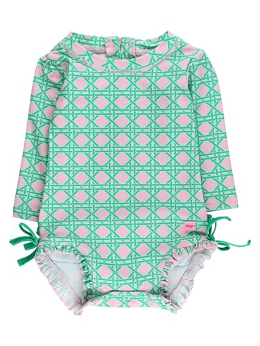 Image of RuffleButts Baby Girls UPF 50+ Sun Protection Floral Printed Long Sleeve One Piece Rash Guard Swimsuit with Zipper