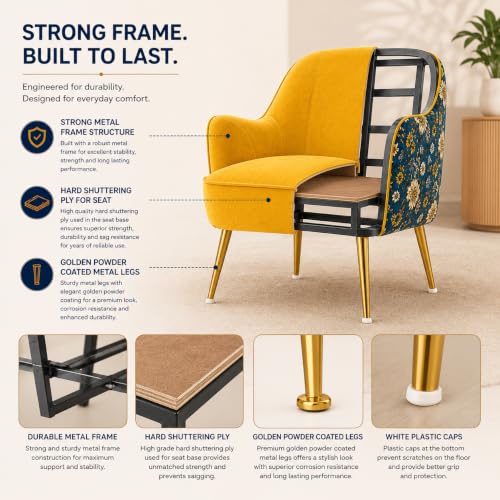 Image of Velvet Chair with Pillow for Home | Modern Accent Armchair in Soft Velvet Fabric with Golden Legs | Premium Accent Chair for Living Room Bedroom Restaurent | (Yellow, Big Zara)