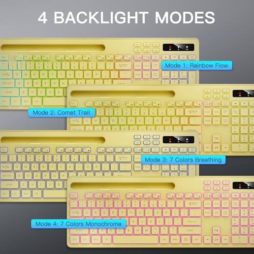 Image of Soueto Wireless Keyboard with 7-Color RGB Backlit, Full-Size Computer Keyboard with Phone Tablet Holder, 2.4G Rechargeable Gaming Keyboard with Light Up Keys, Compatible with Mac, Windows (Yellow)