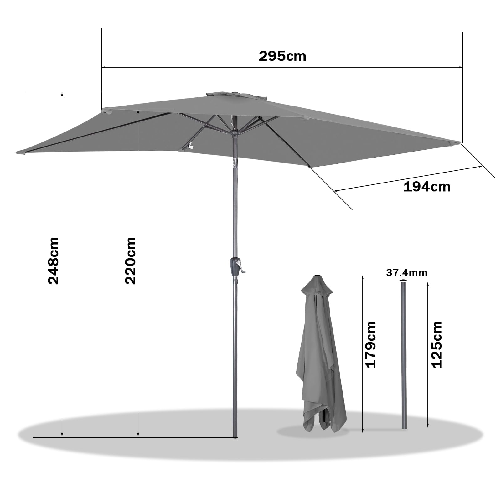 Angel Living 2x3M Ombrellone inclinabile in Alluminio e Poliestere Resistente alla ruggine (Grigio)