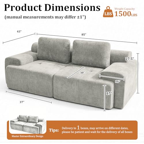 Image of 85 inch Oversized Boneless Couch, Comfort Cloud Sectional Couches for Living Room, Modular Sofa High Back & Extra Deep Seat, No Assembly, Soft Chenille Fabric (Light Grey, 85 inch- Shaped(2+0))