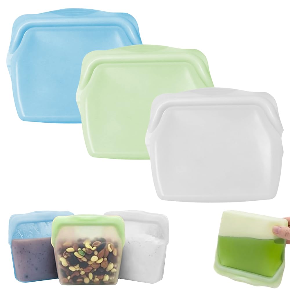 Jonuin Silicone Food Bags, 3Pcs 1000ML Silicone Food Storage Bags, Reusable Silicone Freezer Bags, Leak-Proof Upright Freezer Bags, Odour-Proof & High-Temperature Resistant, Microwave Dishwasher Safe