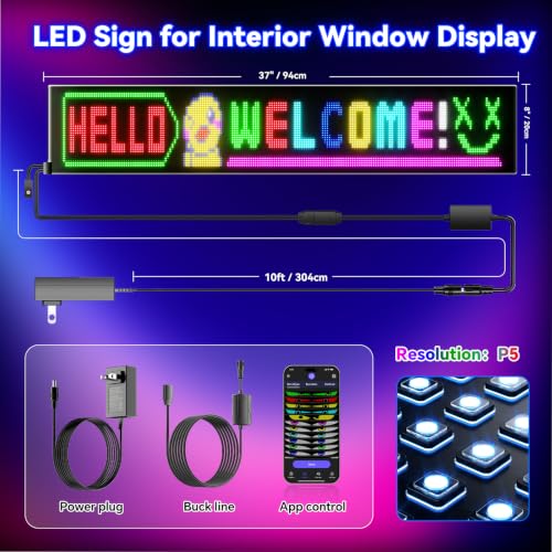 Image of Large Programmable LED Sign, P5 Resolution Indoor Store LED Sign, Bluetooth APP, for Business Retail Shop Window Display (37 inchx 8 inch)