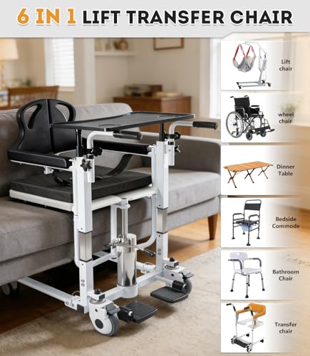 Image of Patient Lift Transfer Chair, 6 in 1 Patient Lift Chair with 180Split Seat for Home, Height Adjustable Portable Lift Nursing Chair with 4 Casters, Commode & Seat Cushion for Seniors Elderly, 350LBS