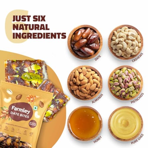 Image of Farmley Date Bites I Dates Barfi Made with Dates, Pista, Cashews, Almonds, Honey and Pure Ghee I Dry Fruits Nuts, Healthy Snacks Sweets,Gluten Free, No Added Sugar (200g, Dates Bites Jar) (Pack of 3)