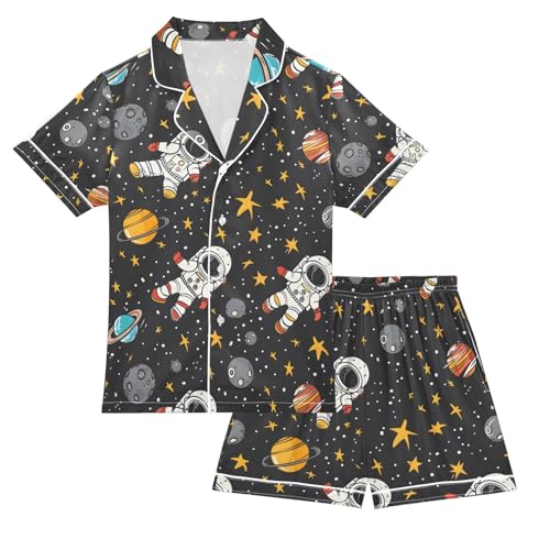 ALAZA Cartoon Astronaut Starry Planet Pajamas Satin Pajama Set Short Sleeve Button Down Sleepwear - Main Image