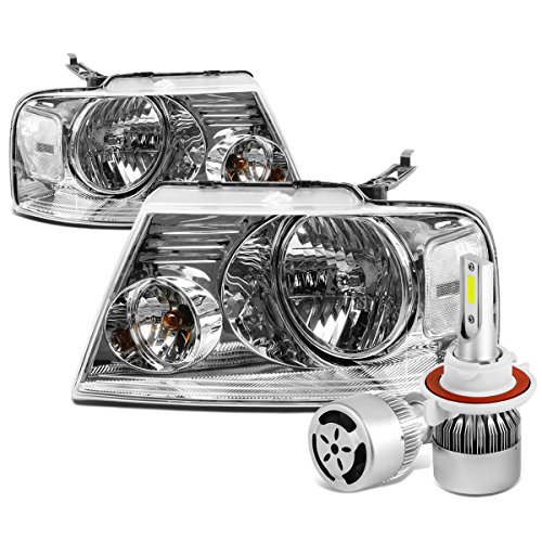 Compatible with Ford F-150 11th Gen Pair of Chrome Housing Clear Corner Headlight + H13 LED Conversion Kit W/Fan