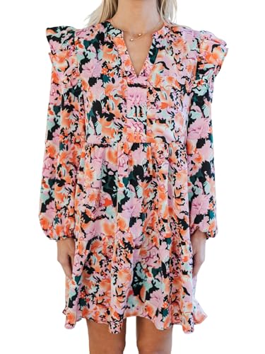 hibshaby Womens Casual Floral Mini Dress 2025 Fall Long Sleeve V Neck Babydoll Loose Boho Shirt Dresses3
