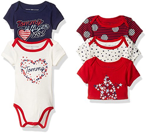 Tommy Hilfiger Baby 5 Pack Bodysuits - Girls, Red/Navy, 0-3 Months