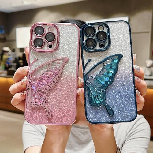 Image of mobistyle Thermoplastic Polyurethane Designed For iPhone 13 Pro Cover With Glitter Cute Butterfly Electroplate Plating Design Back Cover Case For Women Teen Girls (Pink)