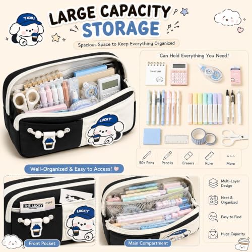 Image of Cute Aesthetic Pencil Case for Girls & Boys | 3 Layer 6 Compartment Large Capacity Pencil Pouch with Zipper | Cartoon Stationery Organizer Bag for Students & Kids (Black)