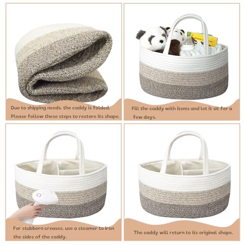 Image of luxury little Diaper Caddy Organizer, Large Cotton Rope Nursery Baby Basket, Changing Table Organizer for Baby Diaper Storage, Portable Car Organizer Removable Divider (Gradient Brown, Extra Large)