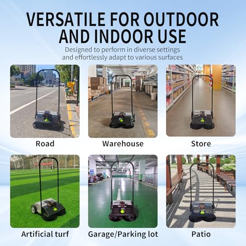UNICOO® Electric Hand Push Floor Sweeper – Battery Powered Walk-Behind Sweeper with Dual Brush Rollers, 23\" Sweeping Width & 6.6 Gallon Waste Bin – Indoor/Outdoor Push Sweeper (Gray)