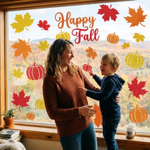 Image of 6 Sheets Fall Window Clings Decor, Glitter Maple Leaf Pumpkin Window Decals | Thanksgiving Window Stickers with Sparkling Powder, Happy Fall Decorations for Home Office School Classroom Indoor Party