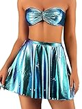 GRAEEN Mermaid Mini Dress Two Piece Rave Outfits Set Fish Scale Skirt with Top Festival Mermaid Suits for Women m, A1-Blue