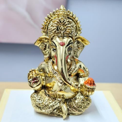 Image of ARNAVIRA 999 Silver Plated Antique Vastu Kamdhenu Cow with Calf Idol with Lakshmi Remedy for Wedding & Housewarming Gift | Pooja Room Height 2.5 Inch (24K Gold, Medium, Lord Ganesha)