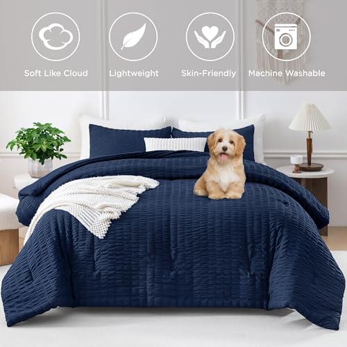 Image of Andency Navy Blue Full Size Comforter Set with Seersucker, 3 Pieces Soft Bedding Set for Boys Girls, All Seasons Breathable Bed Comforter with 2 Pillowcases, 79x90 inches