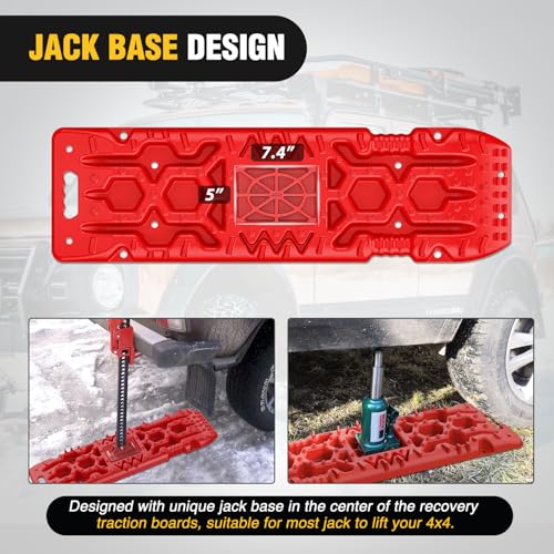 Image of Nilight Recovery Off-road Traction Boards with Jack Lift Base Emergency Tire Ladder Mats For 4WD 4X4 Mud Sand Snow with 2PCS Mounting kit Carry Bag 2 leashes (Red)