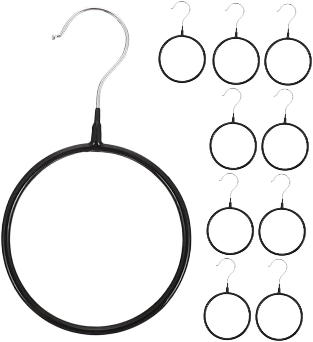 BETOOKY 10pcs Heavy-Duty Scarf Hangers and Tie Organizers, Black Coated Iron Rings, Space-Saving Closet Accessory for Scarves, Belts, and Clothes Storage