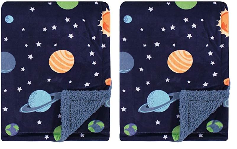 Image of Hudson Baby Unisex Baby Plush Mink and Sherpa Blanket, Solar System, One Size (Pack of 2)