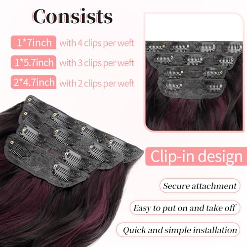 Image of KooKaStyle Wavy Thick Clip in Hair Extensions 20 inch Burgundy mix Dark Brown | 4 Pieces Clip in Extensions,Fiber Double Weft Hairpieces,Natural Volume,Beach Wave Long Synthetic Hairpieces for Women